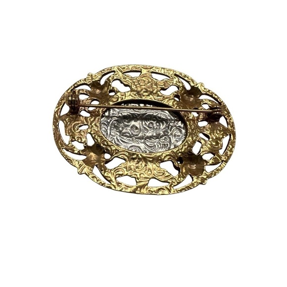 Gold Silver Blue Stone Scroll Western Brooch Pin Vintage - Picture 6 of 6